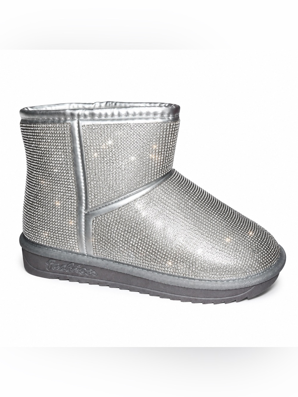 Silver Rhinestone Bling Faux Fur Lined Winter Ankle Boots
